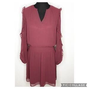 WHBM maroon wine sheer overlay ruffle trim blouson dress size Small NWT